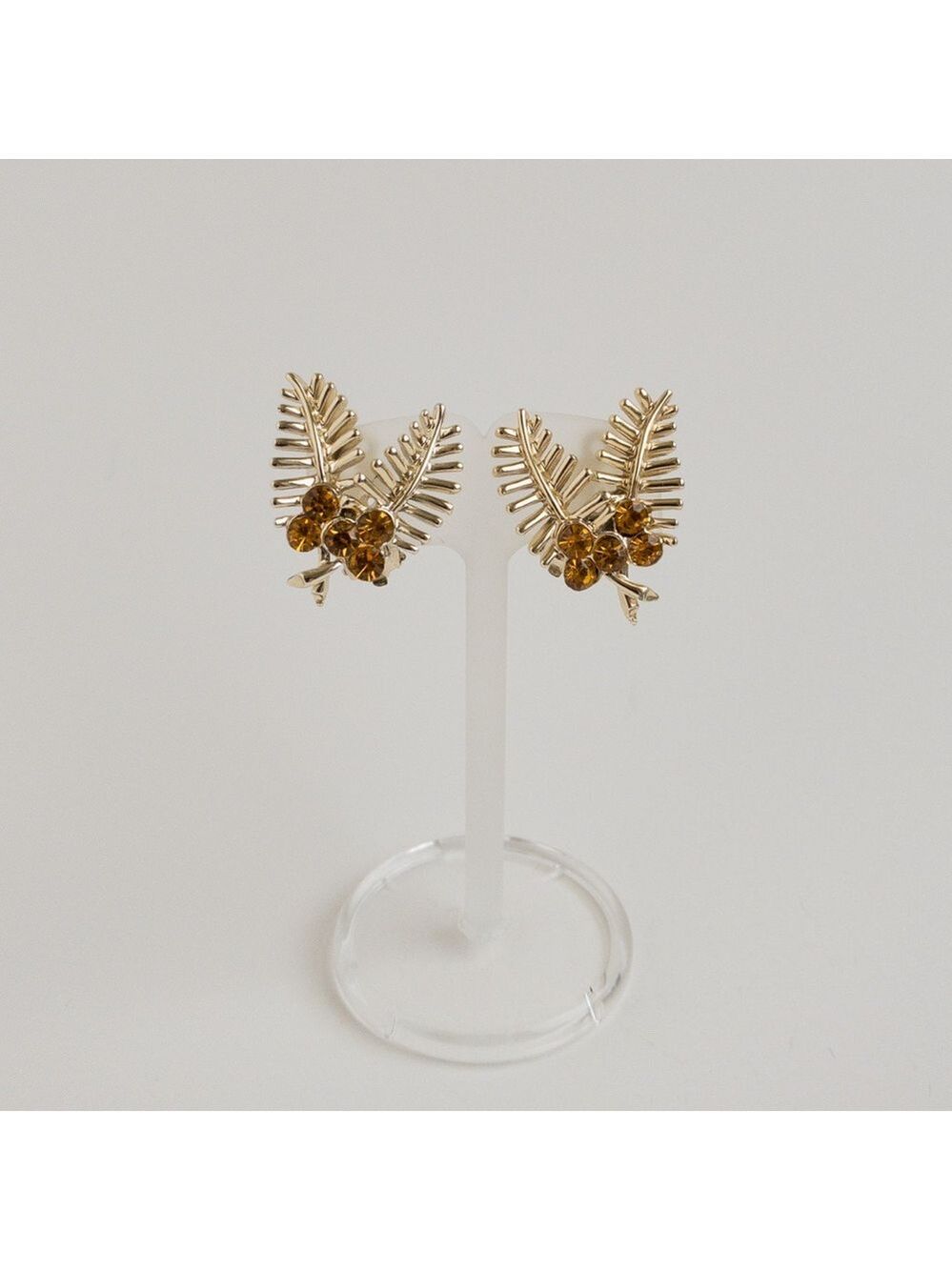 Vintage Coro Floral Branch Stud Earrings Orange Rhinestones Gold Tone Clip On